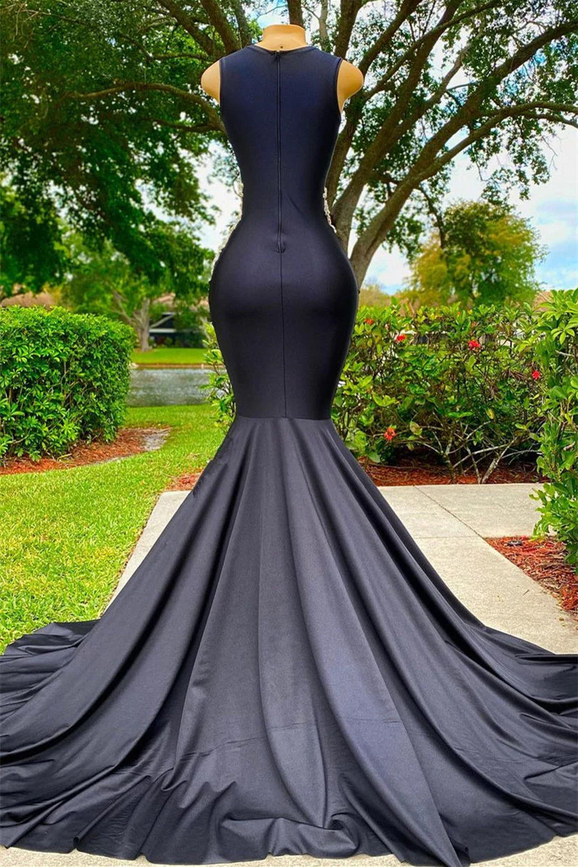 Mermaid V-neck Appliques Lace Sequined Open Back One Shoulder Floor-length Sleeveless Prom Dress - Image 2