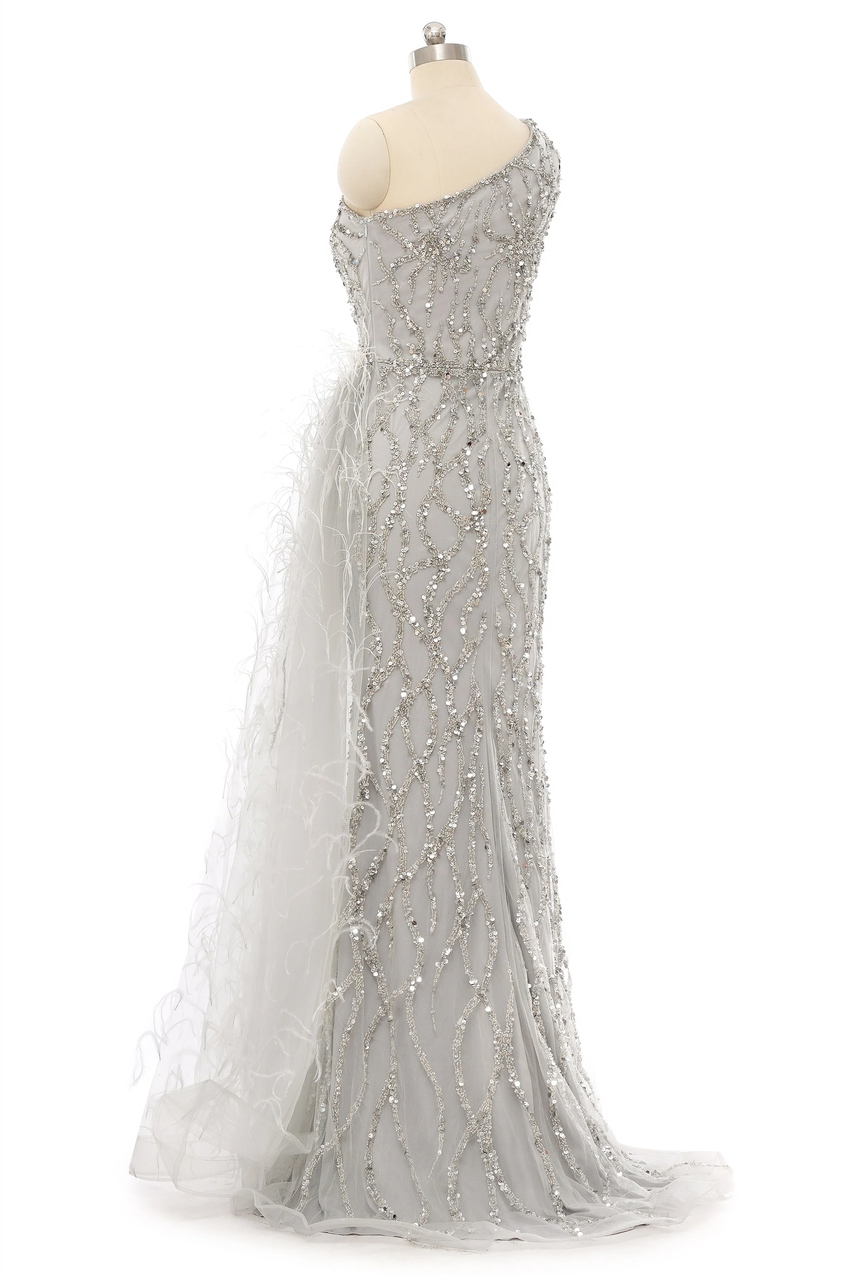 Mermaid Asymmetrical High Split Floor-length Sequined Prom Dress with Feather - Image 2