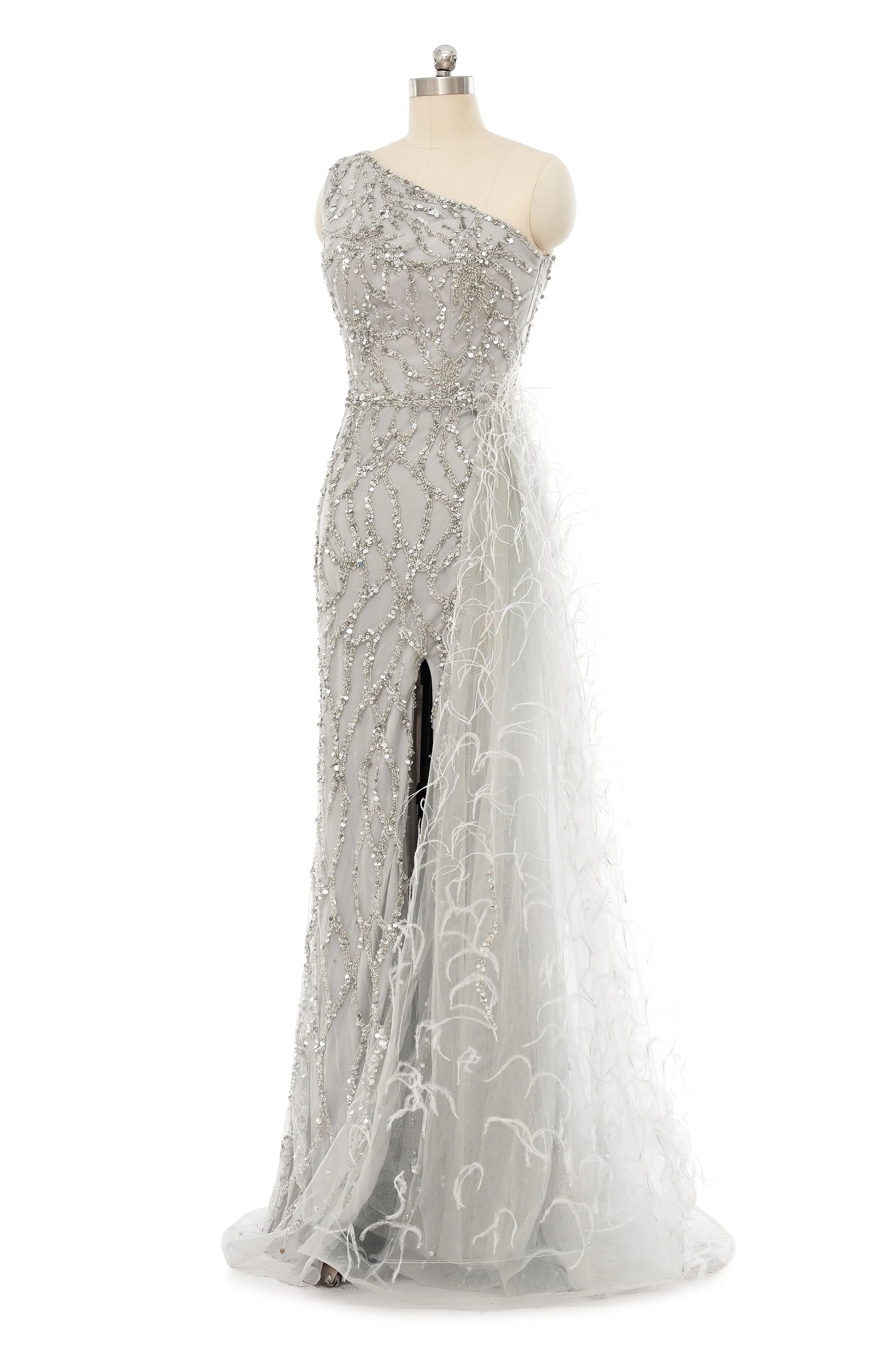 Mermaid Asymmetrical High Split Floor-length Sequined Prom Dress with Feather - Image 3