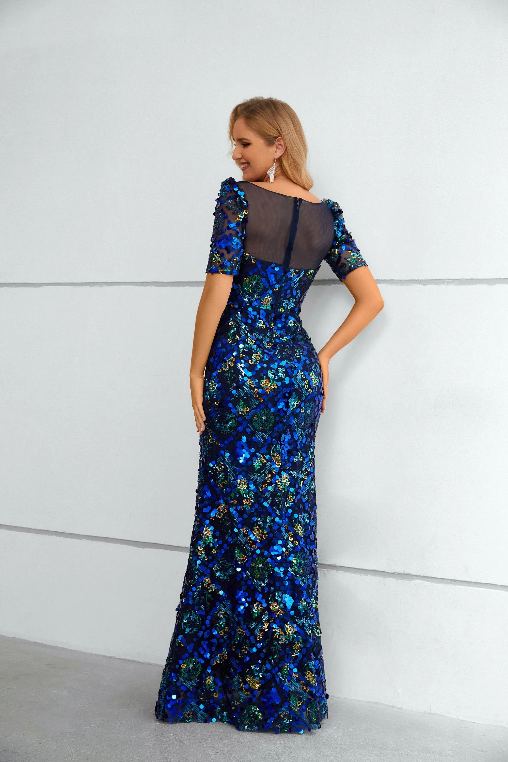 Mermaid Bateau Lace Sequined Floor-length half sleeves Floor-length Elegant Prom Dress - Image 2