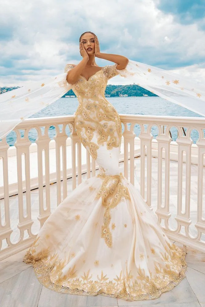 Mermaid Bridal Gowns Gold Appliques Half Sleeve Cape - Image 2