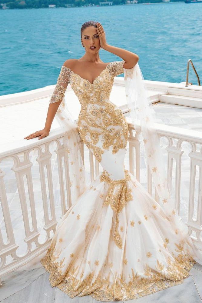 Mermaid Bridal Gowns Gold Appliques Half Sleeve Cape - Image 3
