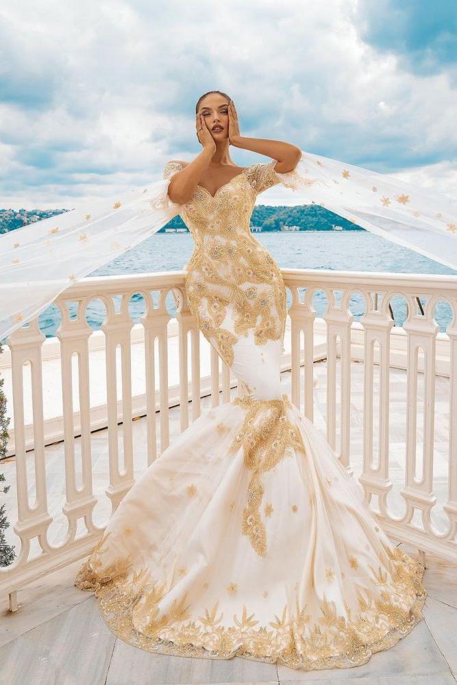 Mermaid Bridal Gowns Gold Appliques Half Sleeve Cape - Image 4