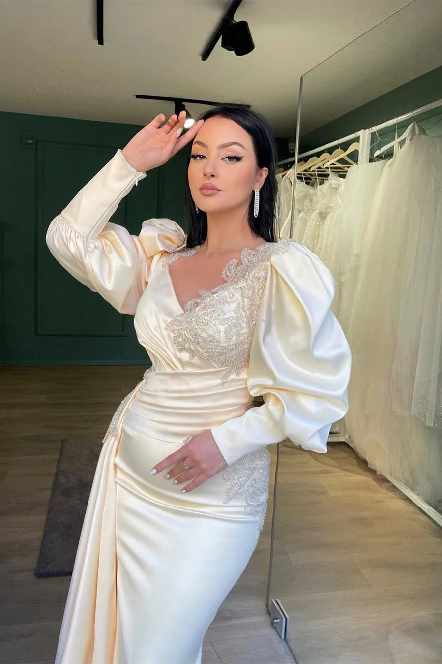 Mermaid Bubble Sleeves V-neck with Side Train High Split Floor-length Long Sleeve Appliques Lace Prom Dress - Image 3