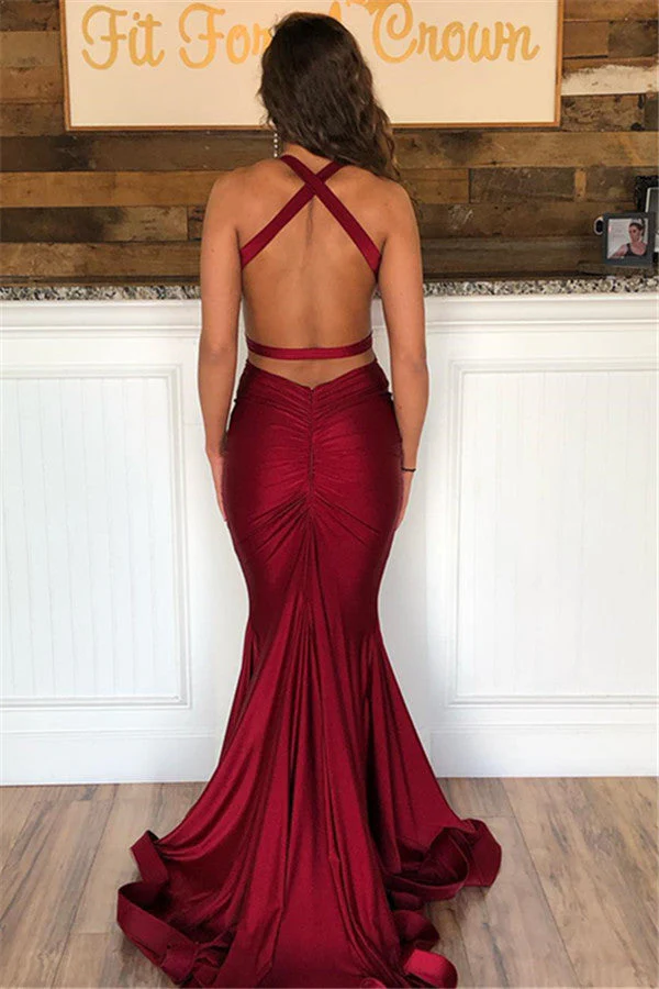 Mermaid Burgundy Halter V-Neck Sleeveless Backless Prom Dresses - Image 2