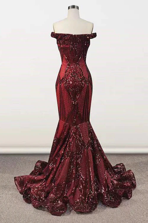 Elegant Burgundy Off-the-shoulder Mermaid Prom Dresses - Image 2