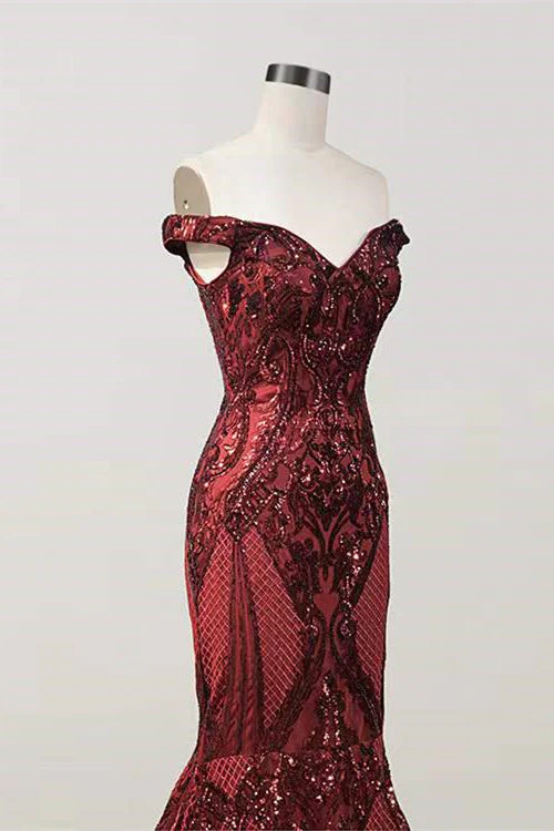 Elegant Burgundy Off-the-shoulder Mermaid Prom Dresses - Image 3