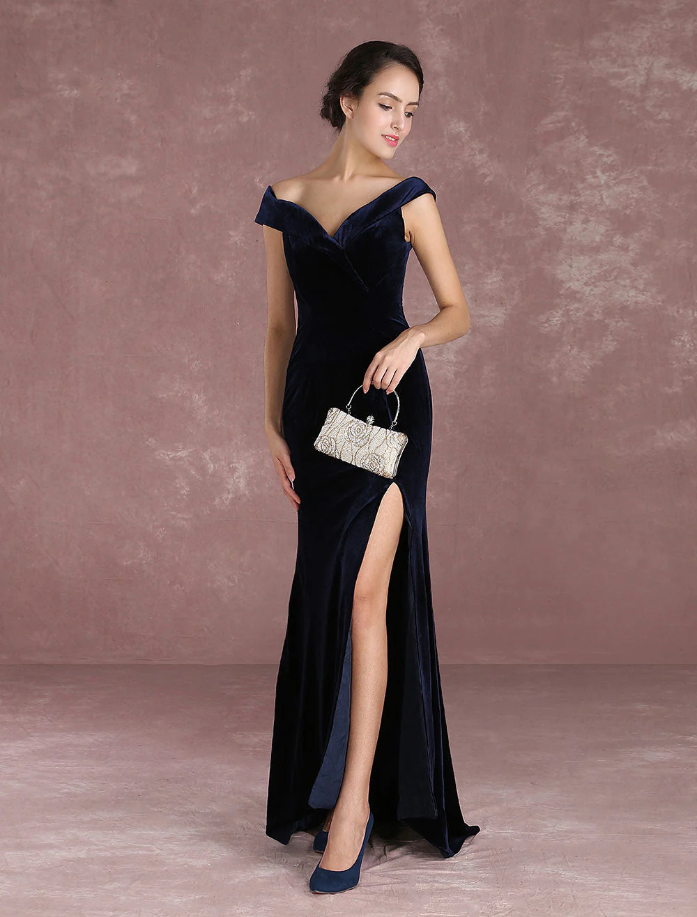 Glamorous Mermaid Celebrity Dresses Velvet Off The Shoulder Evening Dress Dark Navy Slit Party Dress With Train Inspired By Taraji P. Henson At Oscar - Image 2