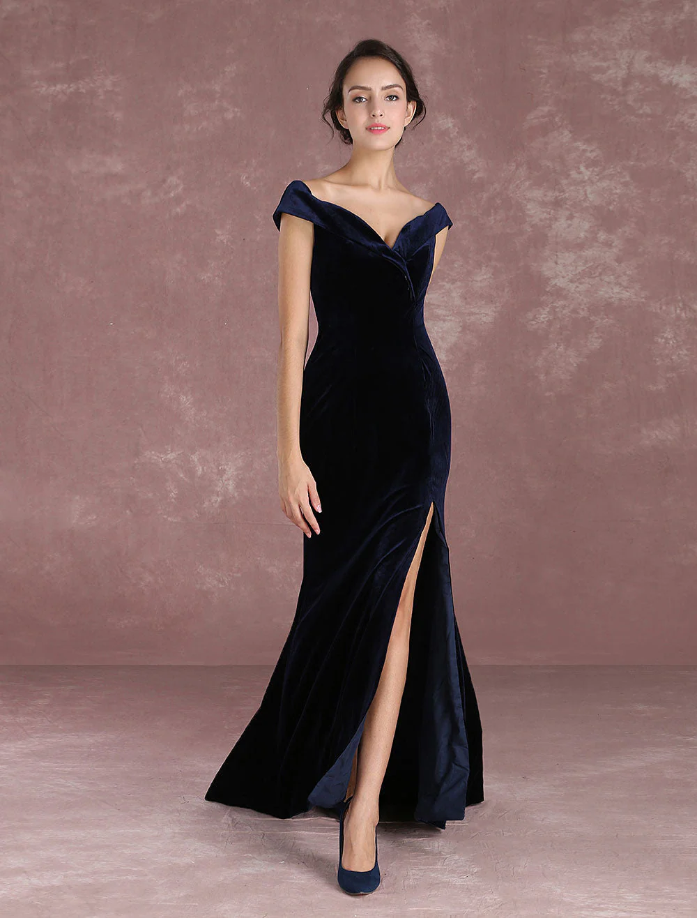 Glamorous Mermaid Celebrity Dresses Velvet Off The Shoulder Evening Dress Dark Navy Slit Party Dress With Train Inspired By Taraji P. Henson At Oscar - Image 3