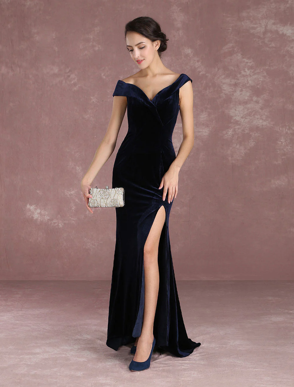 Glamorous Mermaid Celebrity Dresses Velvet Off The Shoulder Evening Dress Dark Navy Slit Party Dress With Train Inspired By Taraji P. Henson At Oscar - Image 6