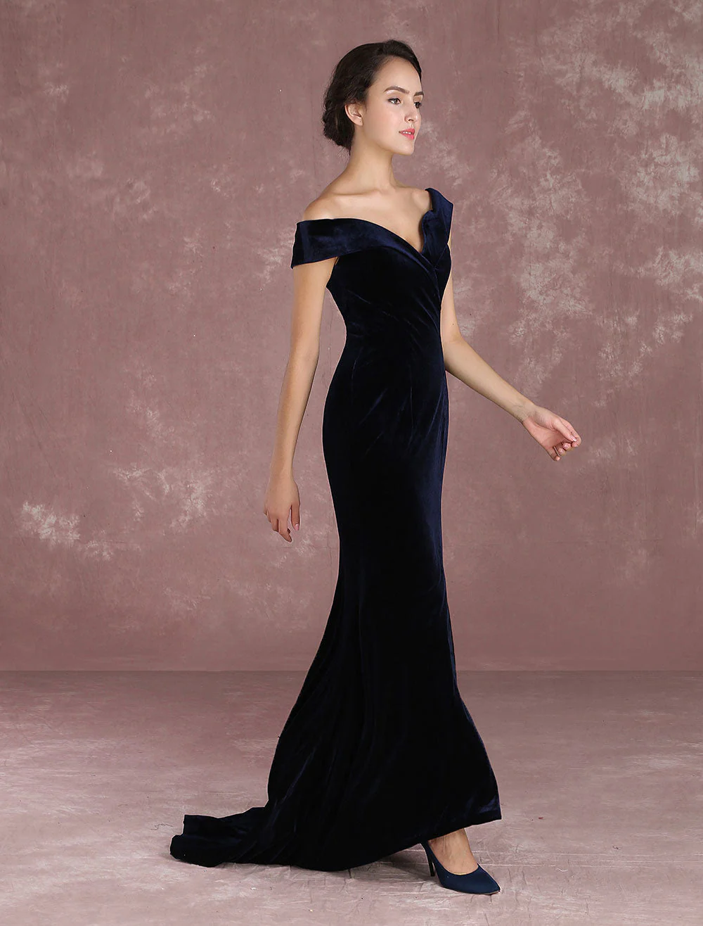 Glamorous Mermaid Celebrity Dresses Velvet Off The Shoulder Evening Dress Dark Navy Slit Party Dress With Train Inspired By Taraji P. Henson At Oscar - Image 8