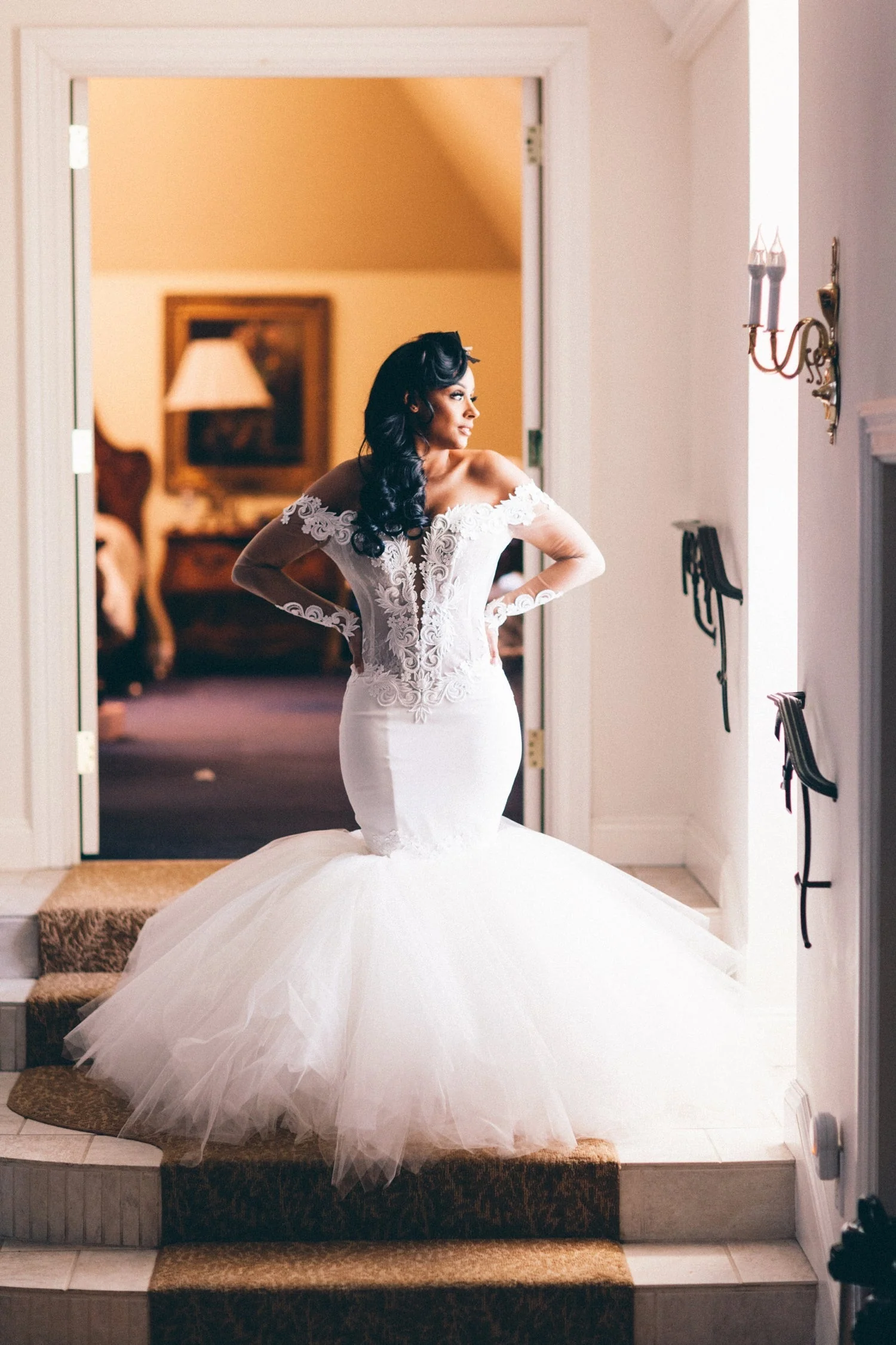 Mermaid Deep V-neck Floor Length Tulle Applique Wedding Dress - Image 5