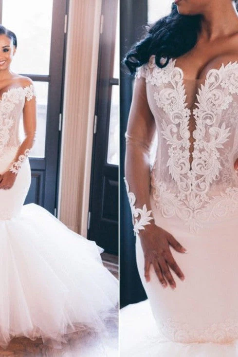 Mermaid Deep V-neck Floor Length Tulle Applique Wedding Dress - Image 6