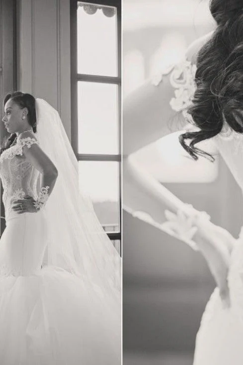 Mermaid Deep V-neck Floor Length Tulle Applique Wedding Dress - Image 7