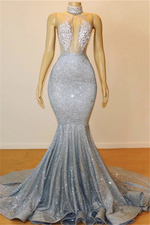 Mermaid Deep V-neck Halter Chapel Backless Paillette Prom Dress - Image 4