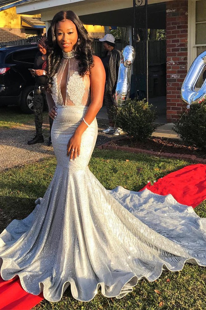 Mermaid Deep V-neck Halter Chapel Backless Paillette Prom Dress - Image 5