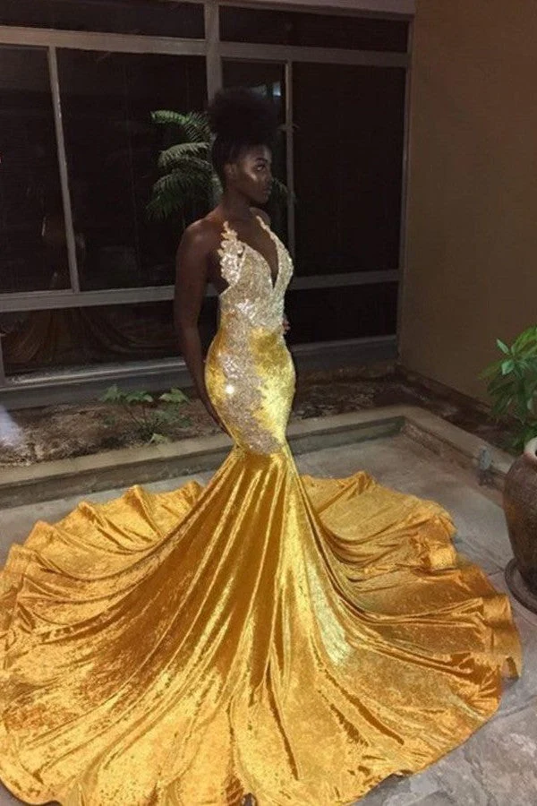 Mermaid Deep V-neck Halter Chapel Beading Prom Dress - Image 4