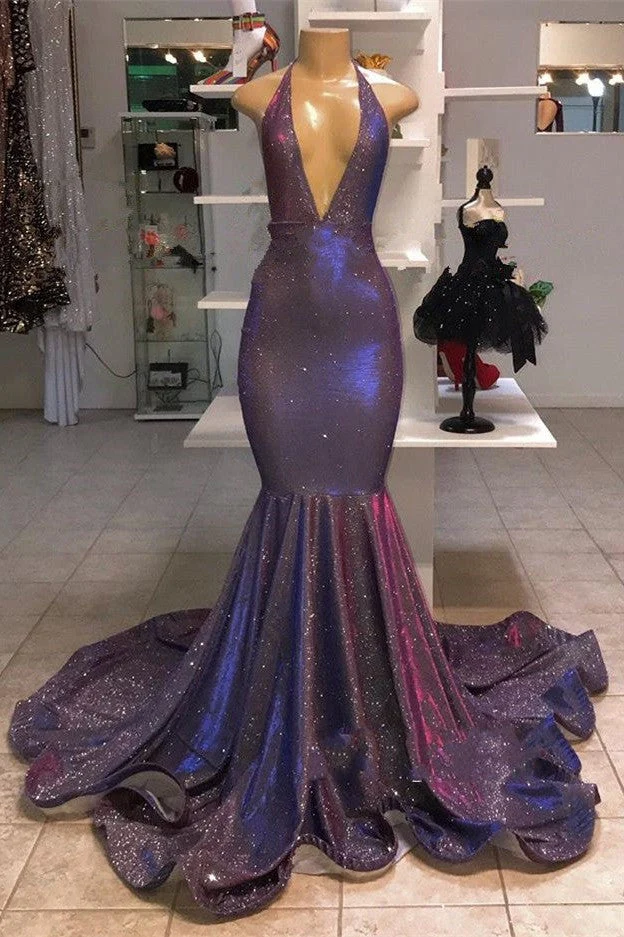 Mermaid Deep V-neck Halter Chapel Ruffle Hem Paillette Prom Dress - Image 3