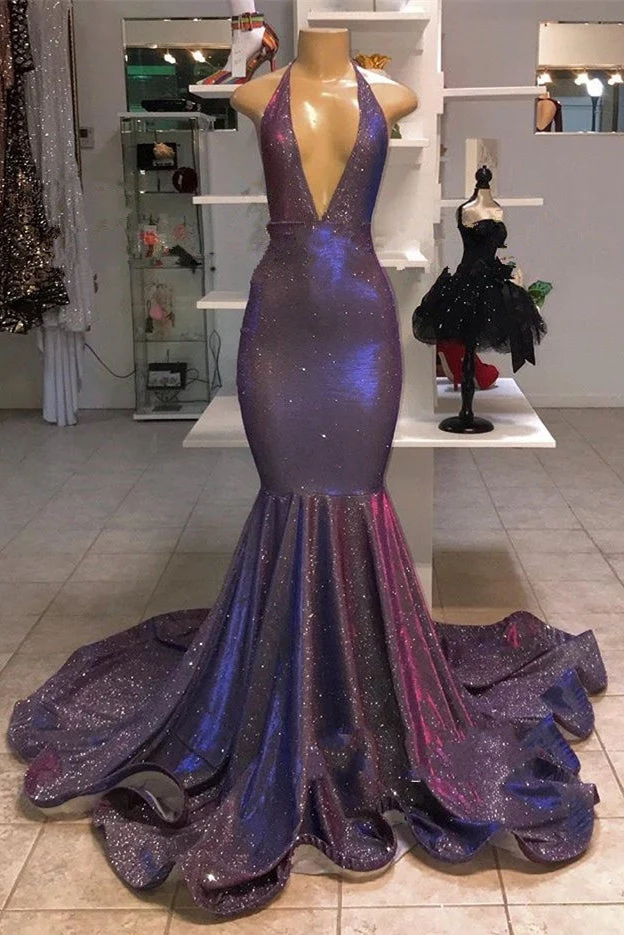 Mermaid Deep V-neck Halter Chapel Ruffle Hem Paillette Prom Dress - Image 4