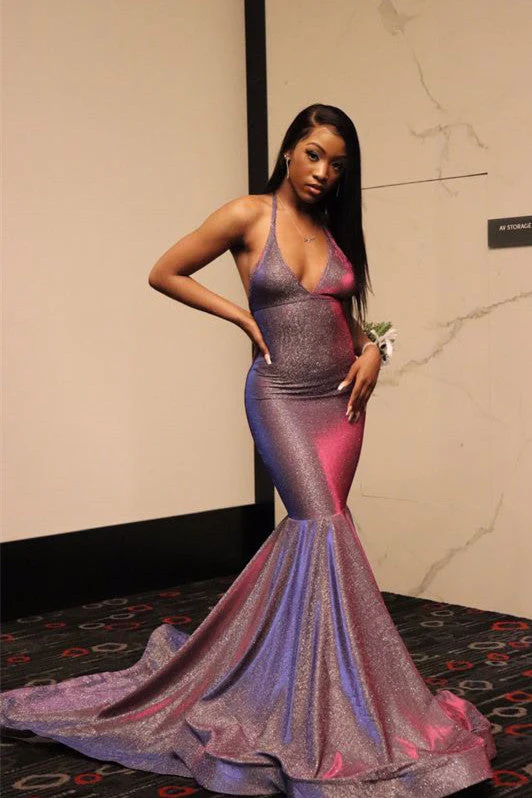 Mermaid Deep V-neck Halter Chapel Ruffle Hem Paillette Prom Dress - Image 5