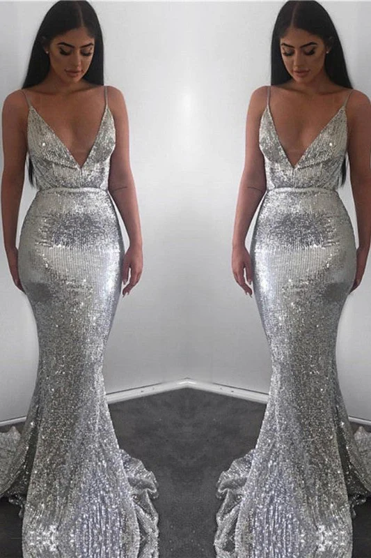 Mermaid Deep V-neck Spaghetti Strap Floor Length Backless Paillette Evening Dress - Image 3