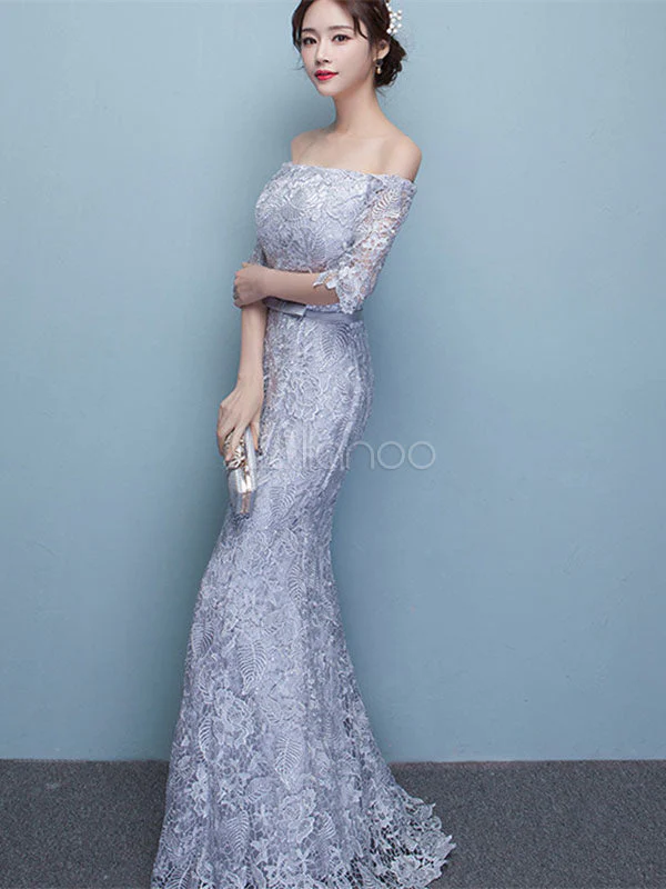 Amazing Mermaid Evening Dress Lace Off The Shoulder Party Dress Silver Half Sleeve Floor Length Occasion Dress With Bow Sash wedding guest dress - Image 2