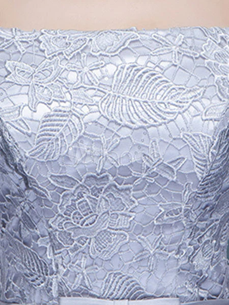 Amazing Mermaid Evening Dress Lace Off The Shoulder Party Dress Silver Half Sleeve Floor Length Occasion Dress With Bow Sash wedding guest dress - Image 4