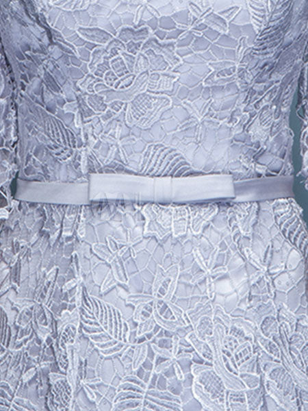 Amazing Mermaid Evening Dress Lace Off The Shoulder Party Dress Silver Half Sleeve Floor Length Occasion Dress With Bow Sash wedding guest dress - Image 5