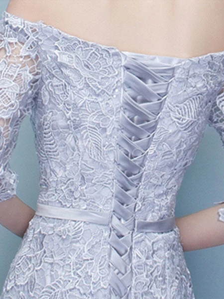 Amazing Mermaid Evening Dress Lace Off The Shoulder Party Dress Silver Half Sleeve Floor Length Occasion Dress With Bow Sash wedding guest dress - Image 6