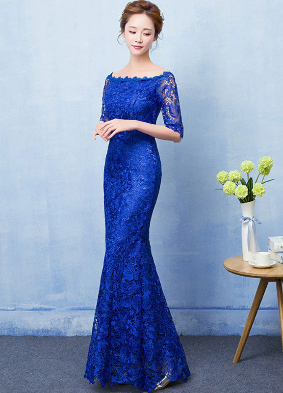 Stunning Mermaid Evening Dress Royal Blue Lace evening dress Off The Shoulder Half Sleeve fishtail Maxi Party Dress wedding guest dress - Image 2