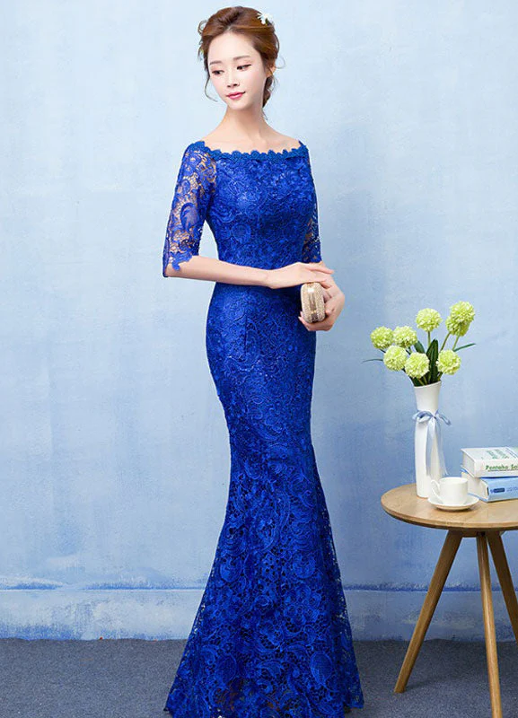 Stunning Mermaid Evening Dress Royal Blue Lace evening dress Off The Shoulder Half Sleeve fishtail Maxi Party Dress wedding guest dress - Image 3
