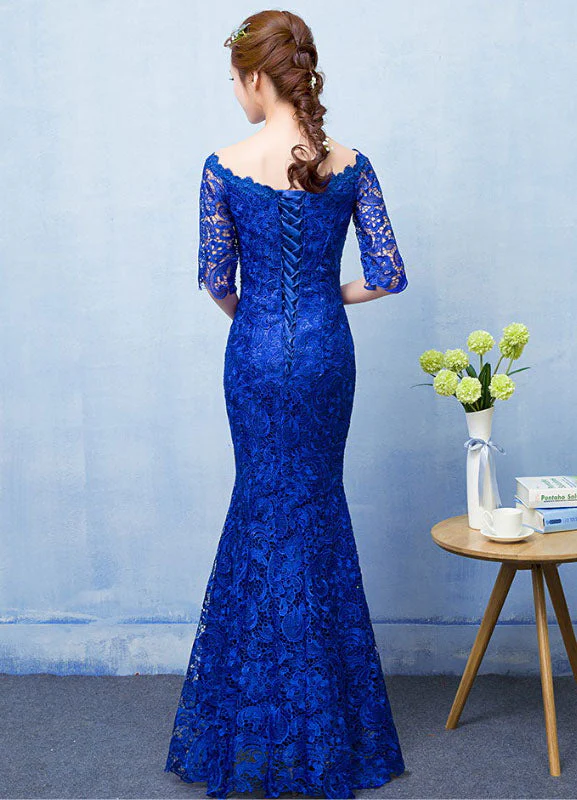 Stunning Mermaid Evening Dress Royal Blue Lace evening dress Off The Shoulder Half Sleeve fishtail Maxi Party Dress wedding guest dress - Image 4