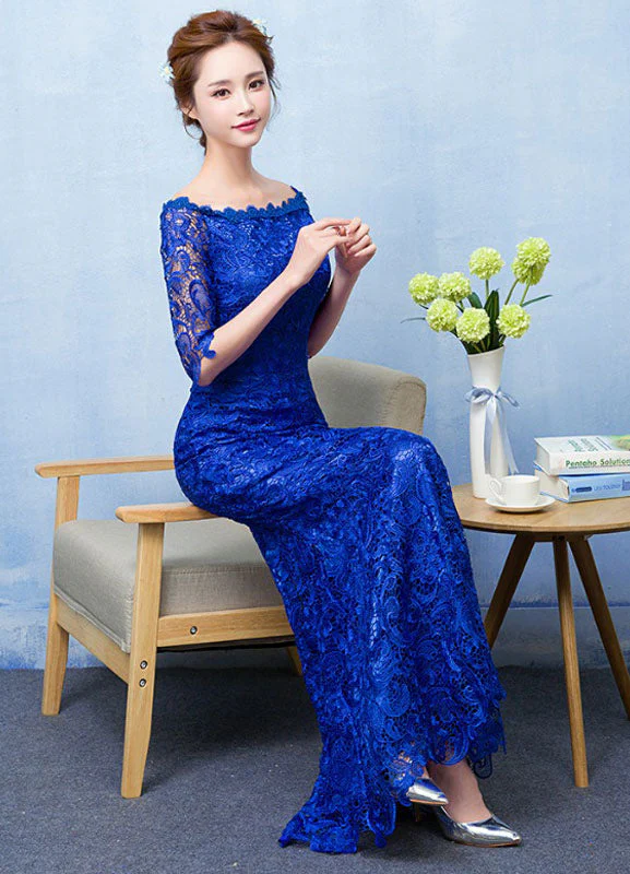 Stunning Mermaid Evening Dress Royal Blue Lace evening dress Off The Shoulder Half Sleeve fishtail Maxi Party Dress wedding guest dress - Image 5