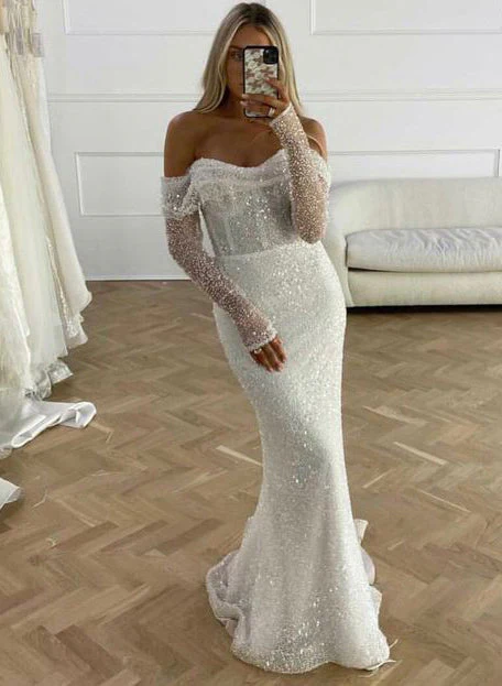 Mermaid Fitted Wedding Dresses Sequined Long Sleeves - Image 2