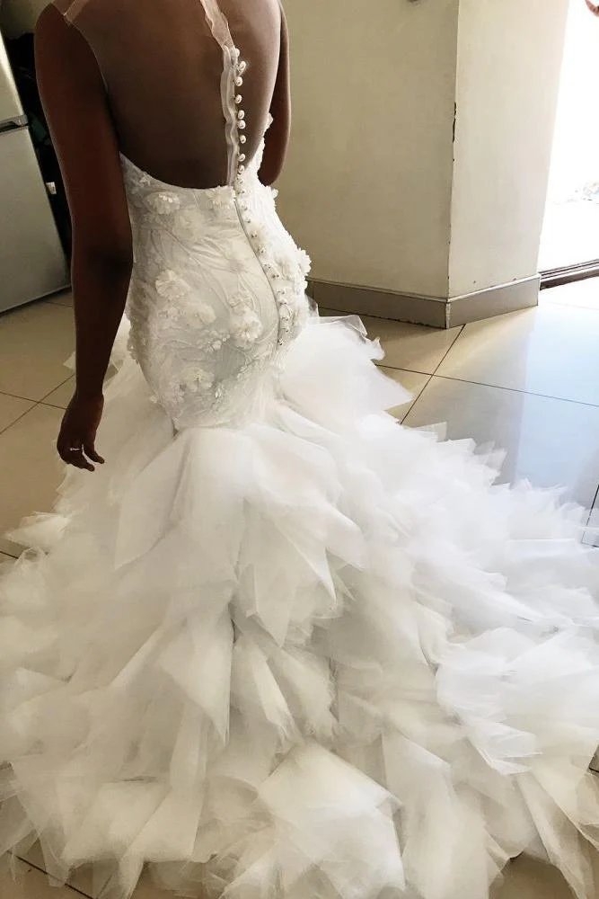 Mermaid Floral Appliques Ruffless Wedding Dresses Sheer Tulle Backless Sleeveless Bridal Gowns - Image 2