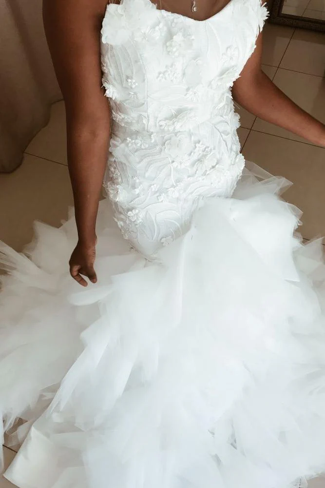 Mermaid Floral Appliques Ruffless Wedding Dresses Sheer Tulle Backless Sleeveless Bridal Gowns - Image 3