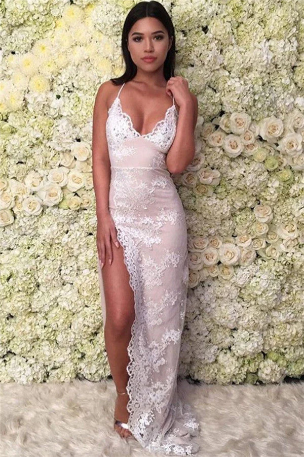 Mermaid Gorgeous Spaghetti-Straps Lace Appliques Backless Prom Dresses - Image 3