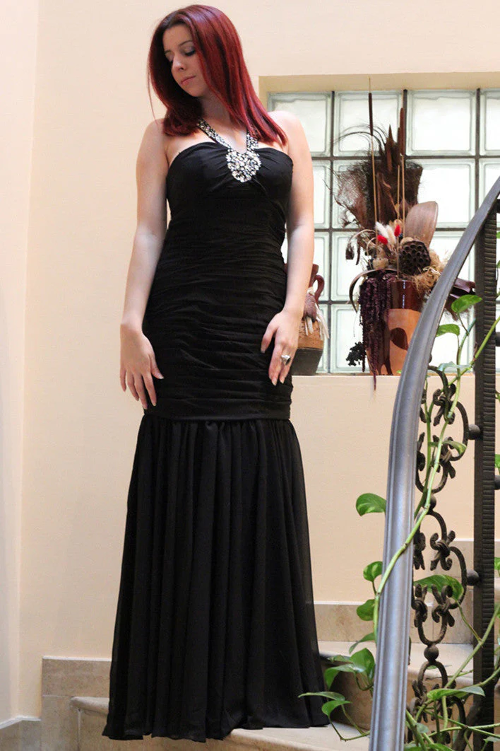 Mermaid Halter Floor Length Chiffon Backless Rhinestone Evening Dress - Image 3