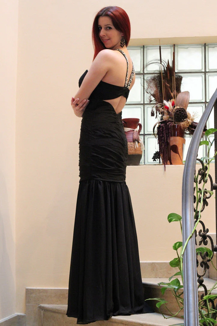Mermaid Halter Floor Length Chiffon Backless Rhinestone Evening Dress - Image 4