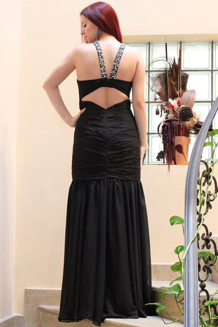 Mermaid Halter Floor Length Chiffon Backless Rhinestone Evening Dress - Image 5