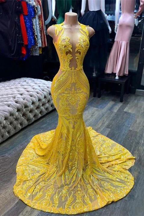 Mermaid Halter Floor-length Sleeveless Open Back Sequined Appliques Lace Prom Dress - Image 2