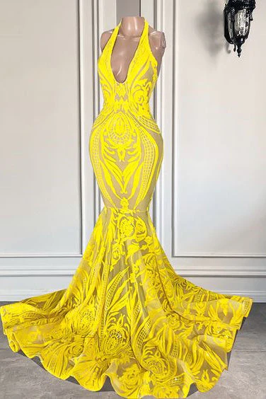 Mermaid Halter Floor-length Sleeveless Open Back Appliques Lace Prom Dress - Image 2