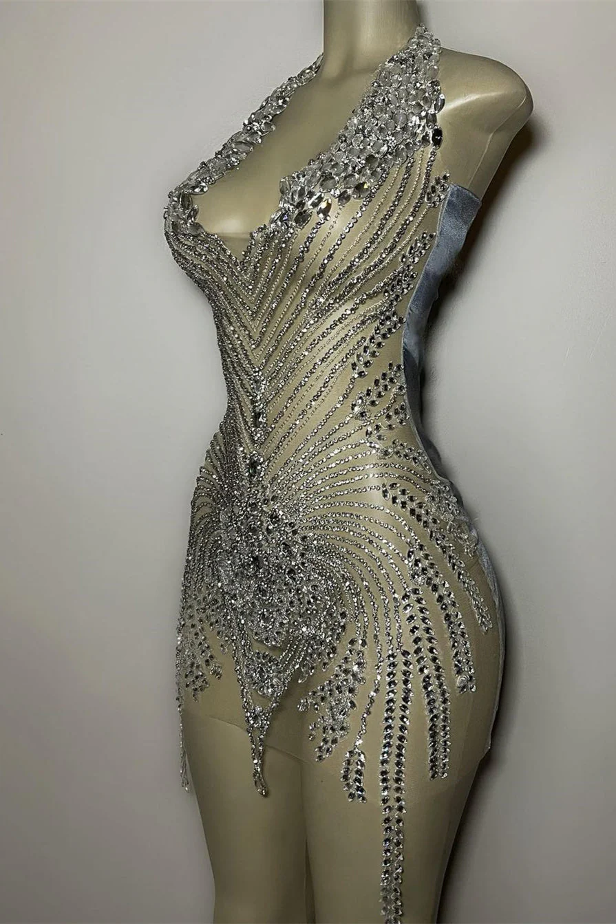 Mermaid Halter Sequined Jersey Beading Sleeveless Mini Rhinestone Party Dress - Image 2
