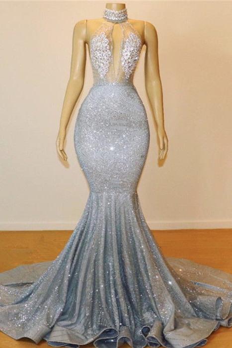 Mermaid Halter Sleeveless Floor-Length Prom Party Gowns - Image 6