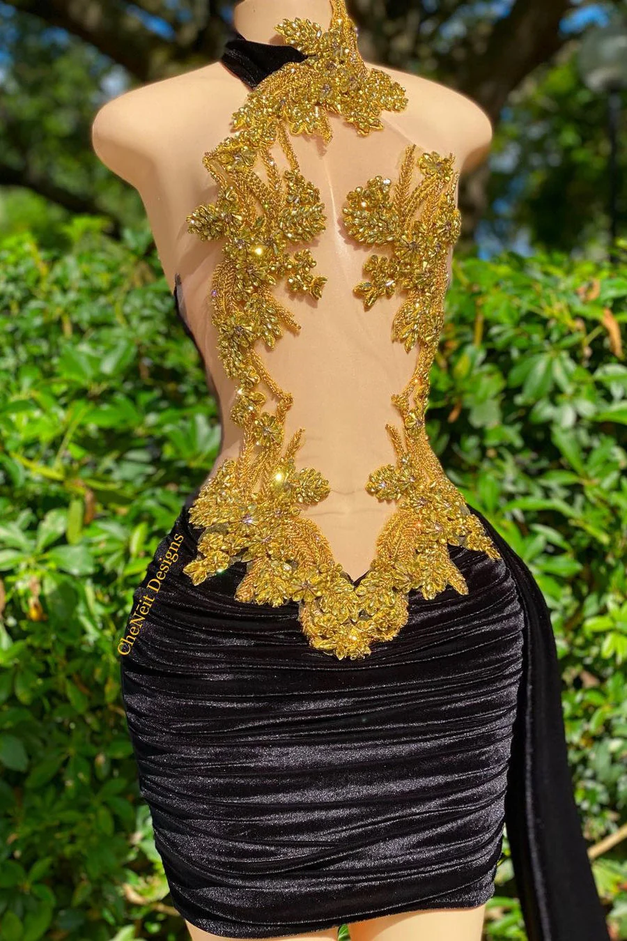 Mermaid High Neck Applique Lace Mini Sleeveless Backless Prom Dress With Side Train - Image 2