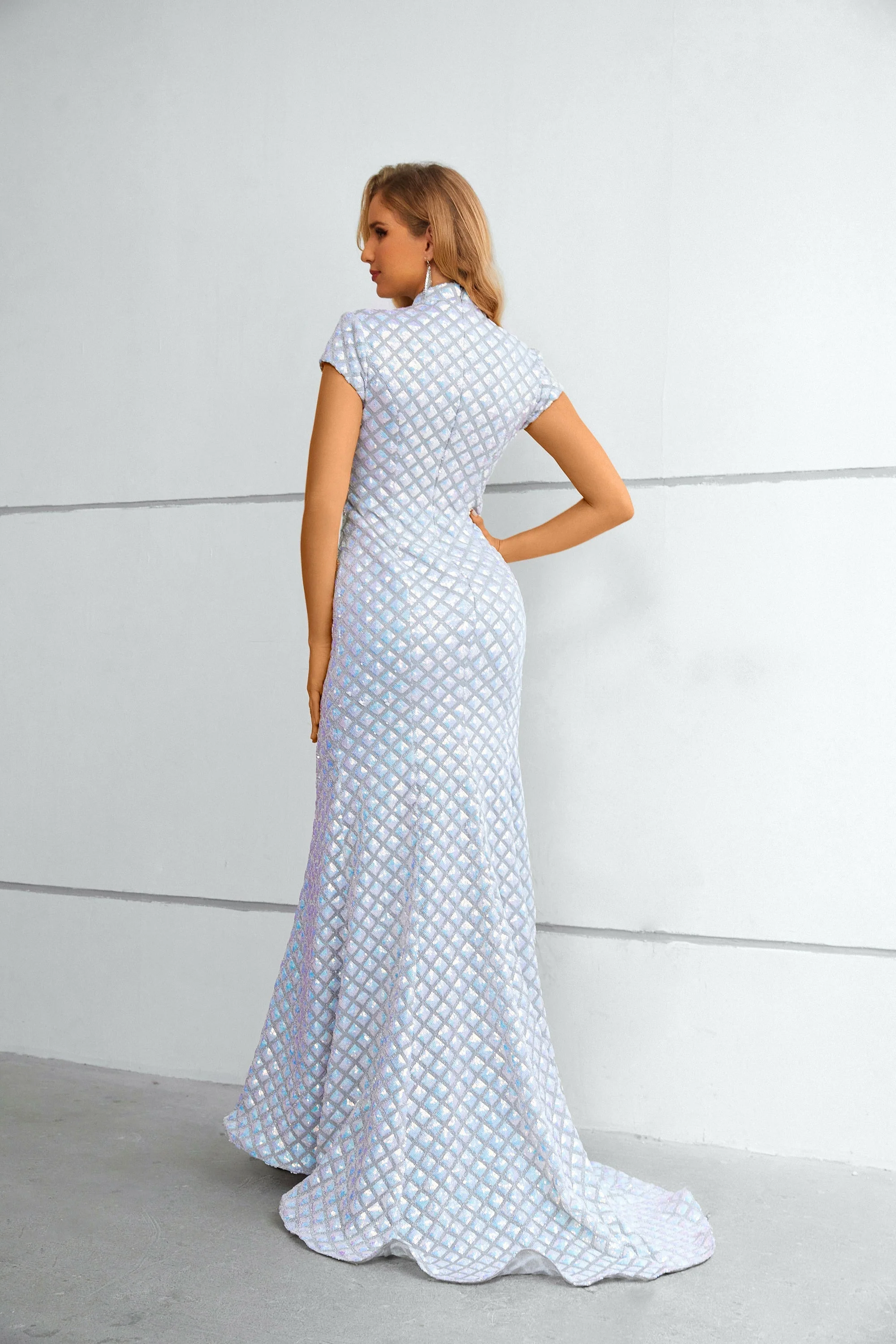 Mermaid High Neck Cap Sleeves Ankle Length Modest Prom Dress - Image 2
