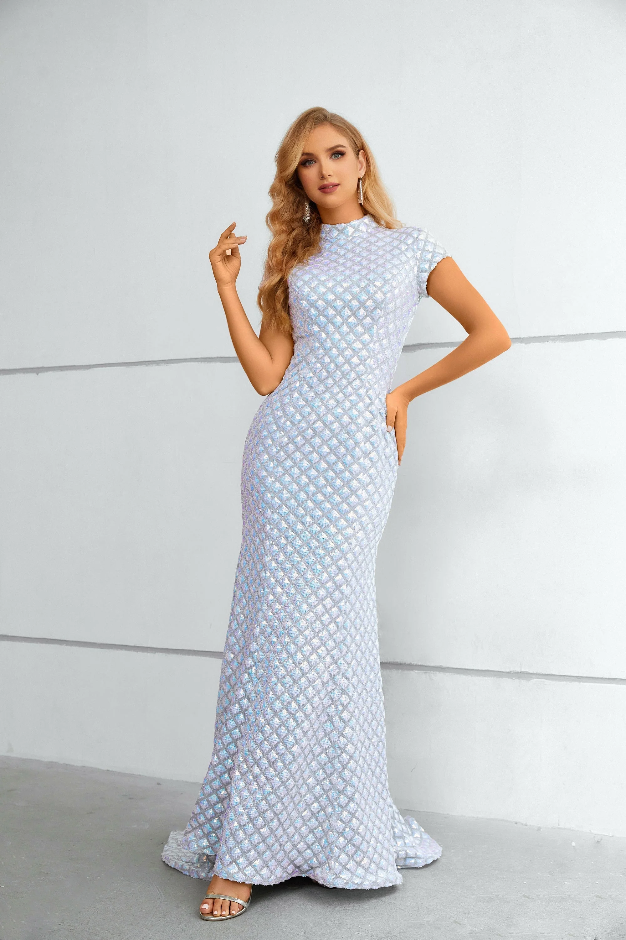 Mermaid High Neck Cap Sleeves Ankle Length Modest Prom Dress - Image 3