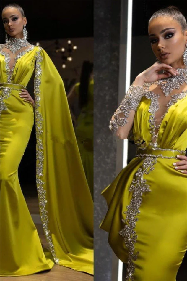 Mermaid High Neck Floor-length Long Sleeve With Shawl Applique Prom Dress - Image 3