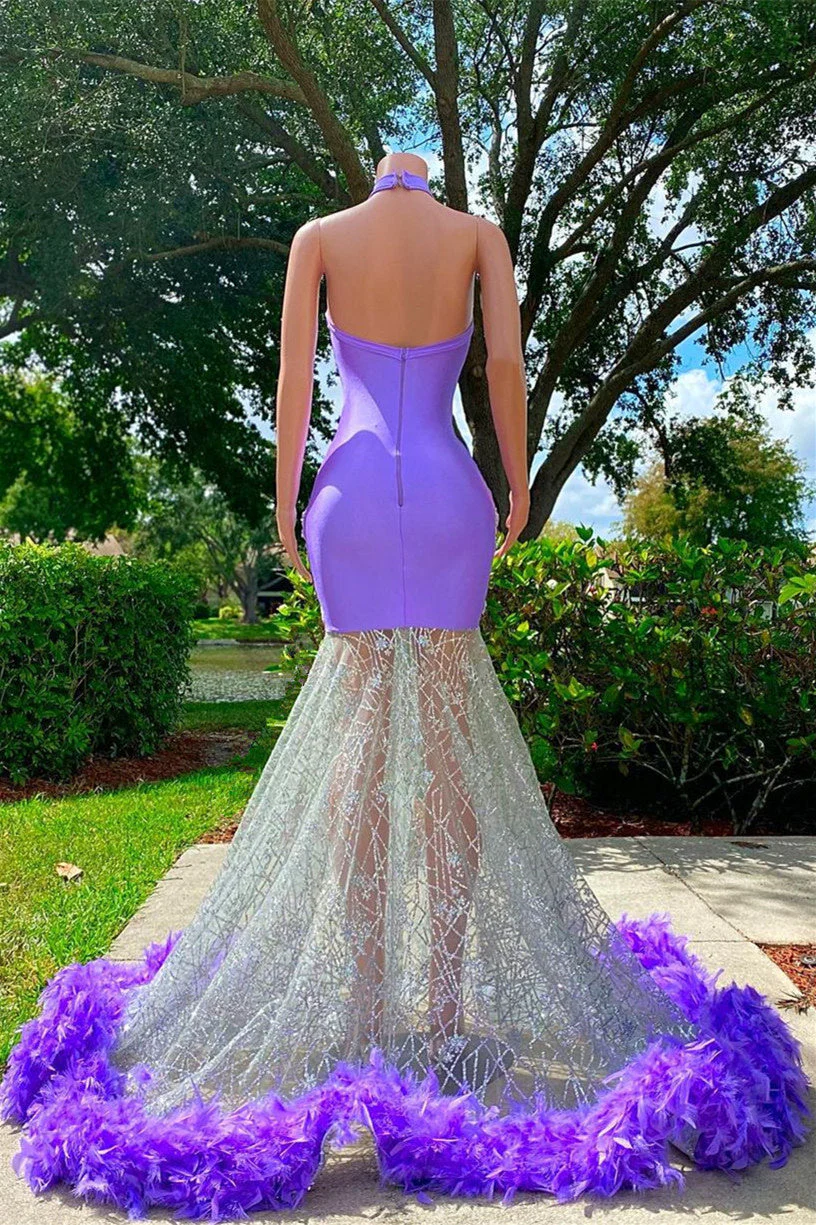 Mermaid High Neck Floor-length Sleeveless Open Back Appliques Lace Beaded Prom Dress With Feather - Image 2
