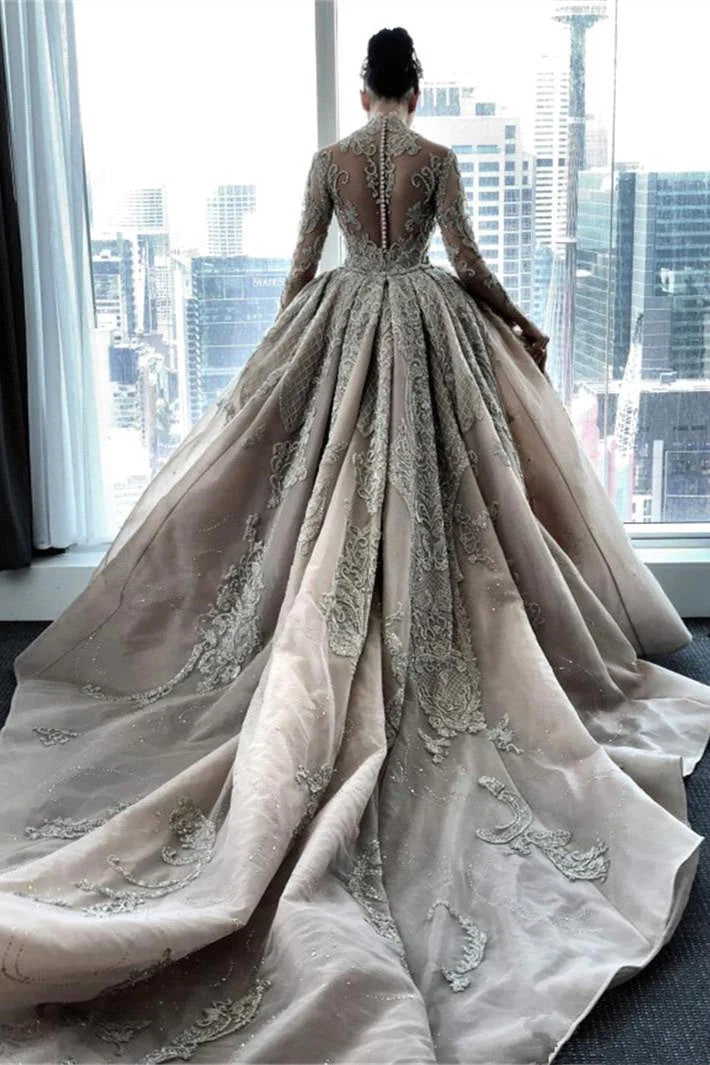 Mermaid High Neck Lace Applique Sequined Floor-length Overskirt Long Sleeve Wedding Dress - Image 2